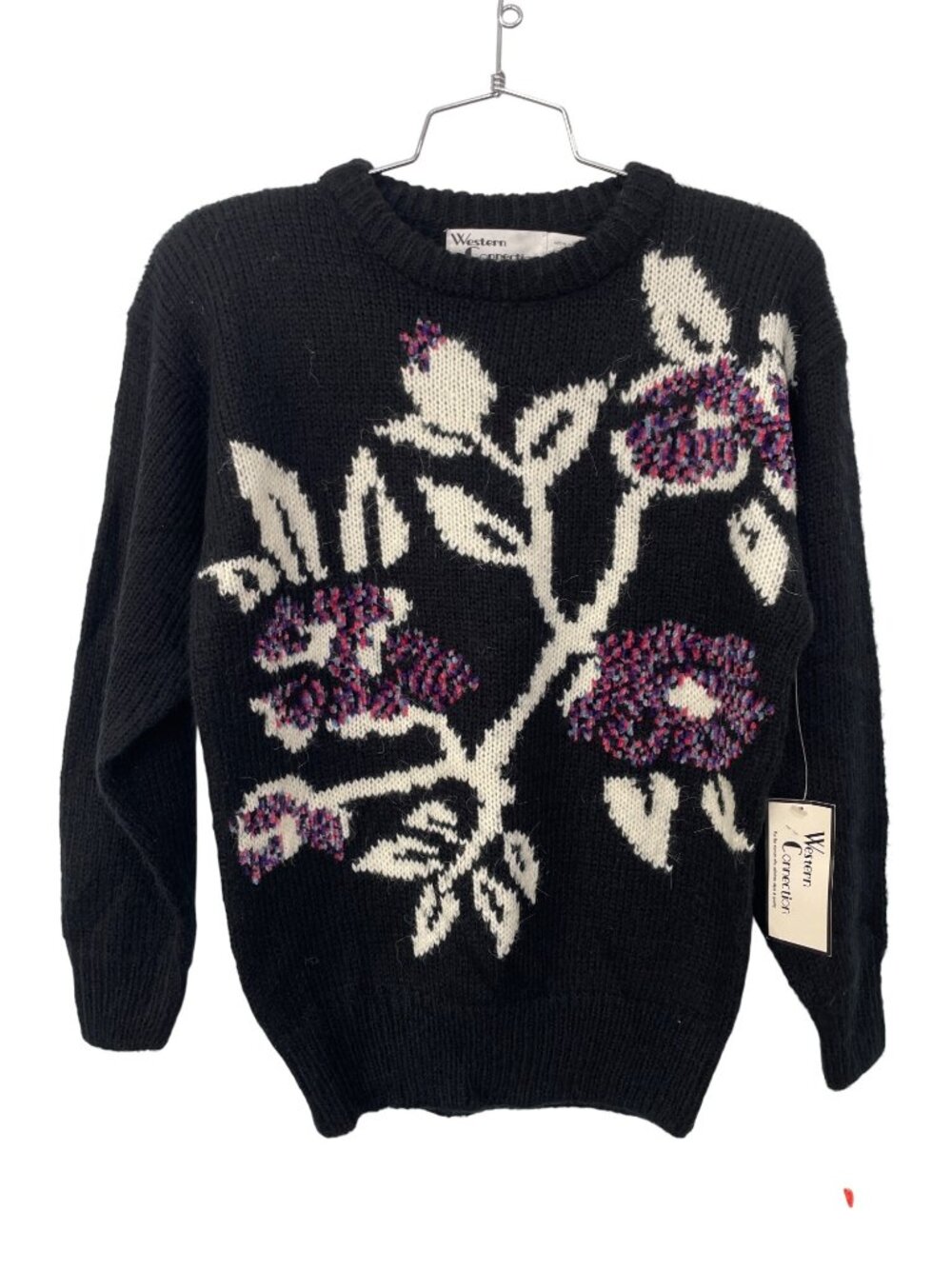 Vintage 90s Western Connection Sweater Medium Floral Black White Deadstock NEW
